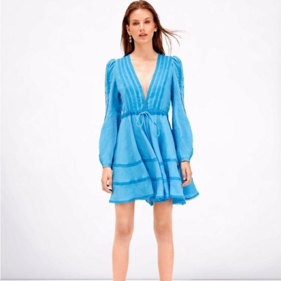 A Mere Co Victoria V-Neck Puff Sleeve Mini Dress in Blue - Picture 1 of 13